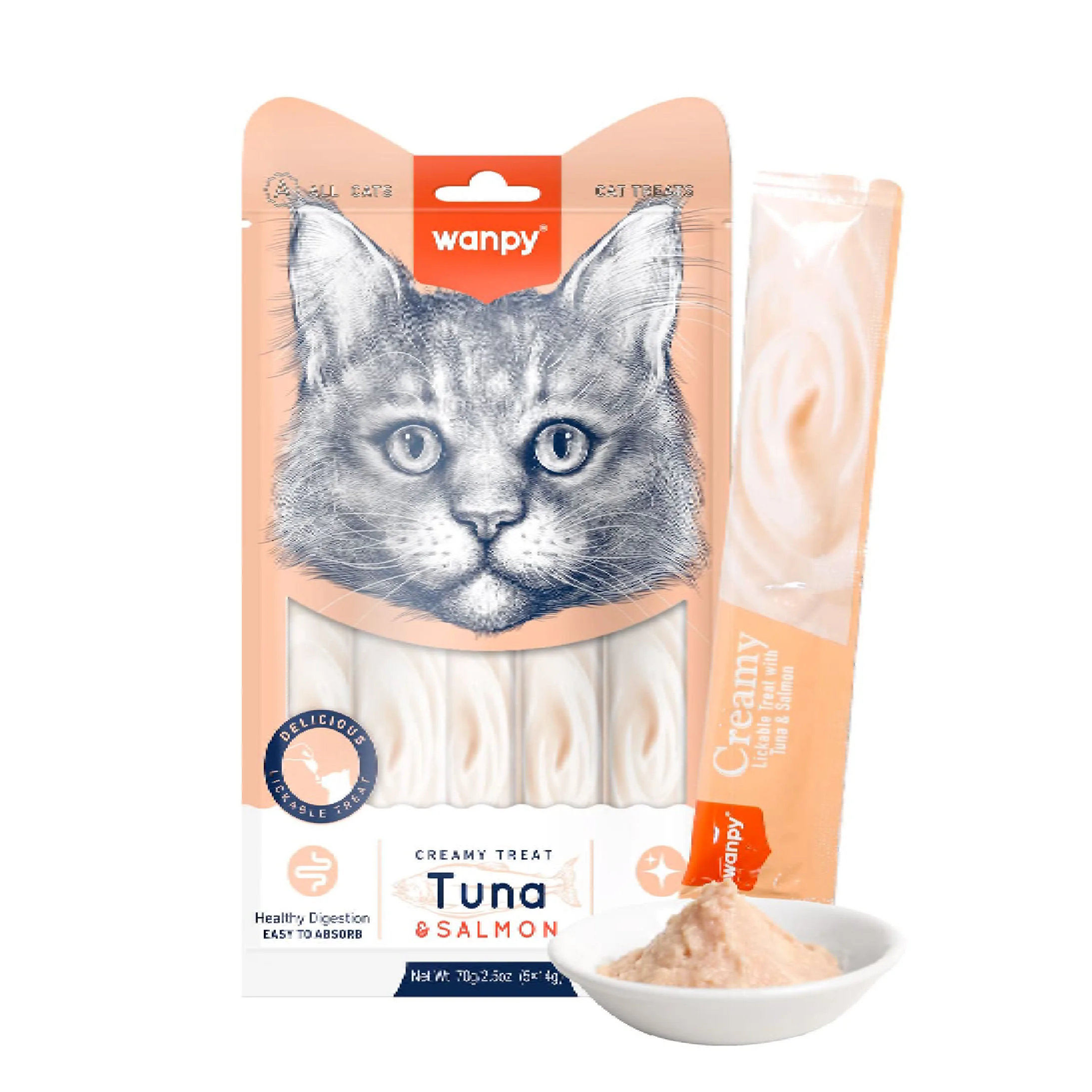 Wanpy Creamy Lickable Cat Treats Tuna & Salmon (14gx5)
