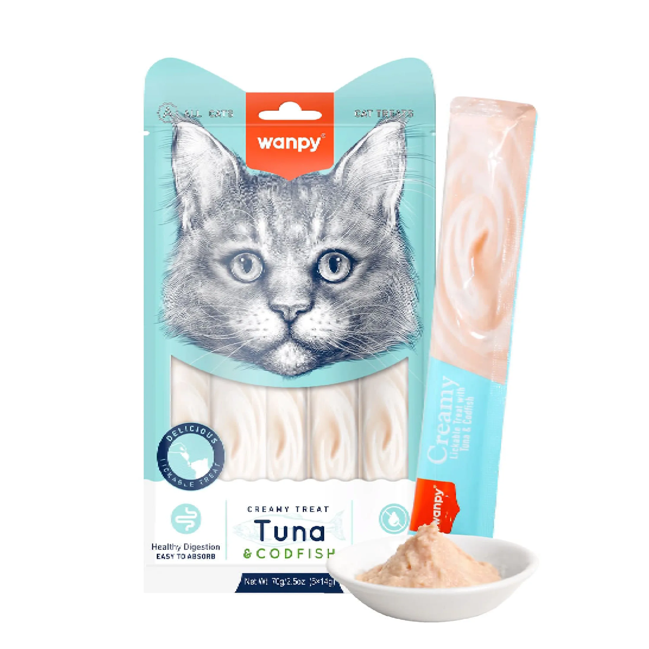 Wanpy Creamy Lickable Cat Treats Tuna & Codfish (14gx5)