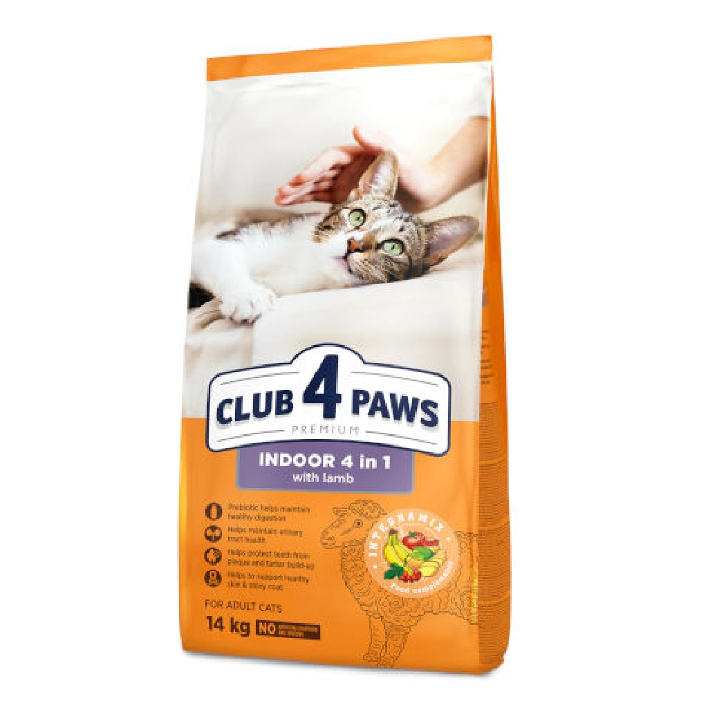CLUB 4 PAWS PREMIUM for adult cats INDOOR 4 IN 1 WITH LAMB 14 Kg