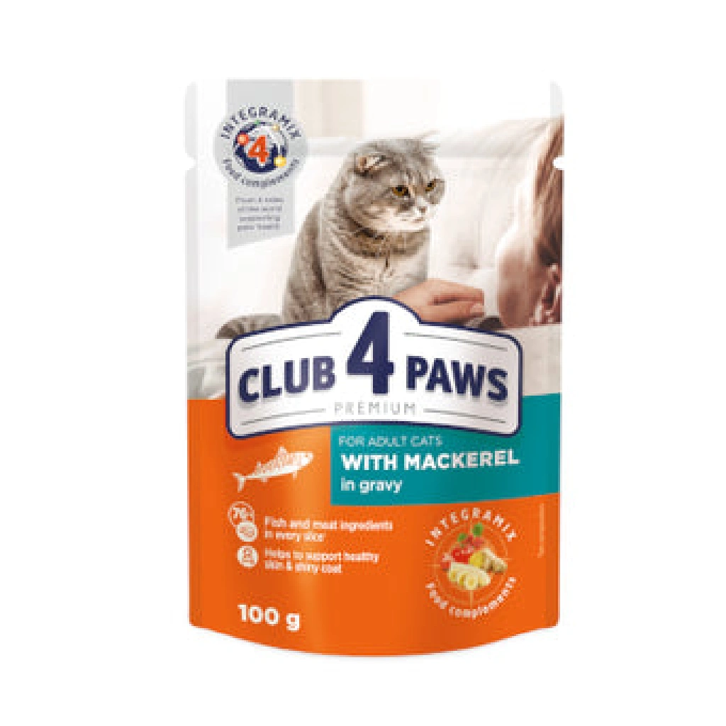 CLUB 4 PAWS PREMIUMfor adult catsWITH MACKEREL IN GRAVY 100g