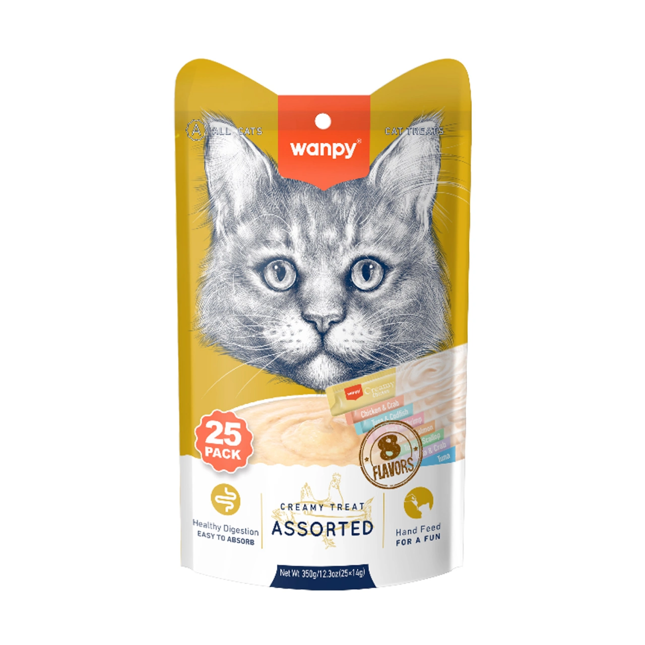 Wanpy Creamy Lickable Cat Treats Assorted - 8 Different Flavors (14g x 25pc)