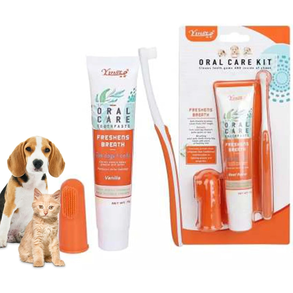 Yingte Pets Oral Care Kit | 3 in 1 | Cats & Dogs Toothpaste Toothbrush Finger Toothbrush (Beef)