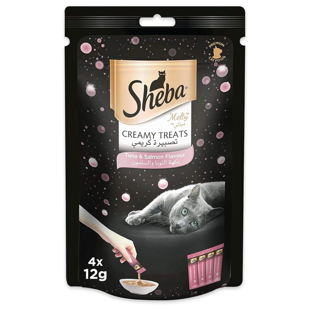 Sheba Cat Food, Melty Tuna & Salmon Flavor Cat Food Wet Creamy Treats, Pack of 4x12g